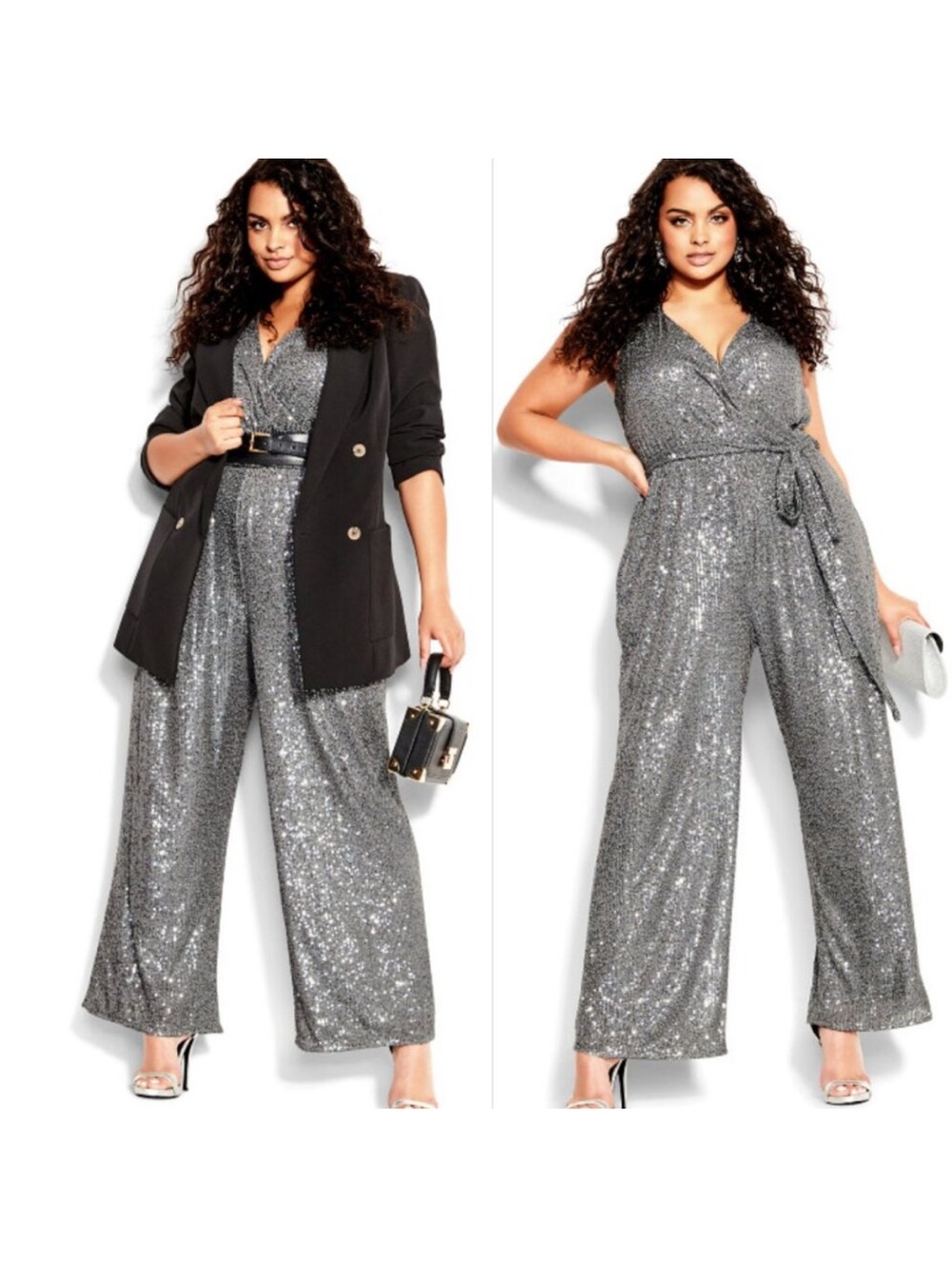 City Chic Silver Sequin Wide-Leg Jumpsuit